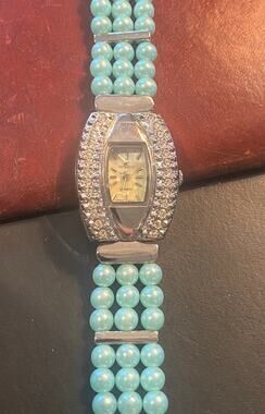Women's 20mm Silver Tone Denacci Watch, Beaded Band, Crystal Accents